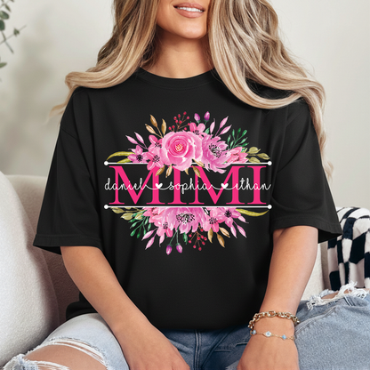 Custom Mimi T Shirt, Grandkids Names with Floral Rose Design Family Gift