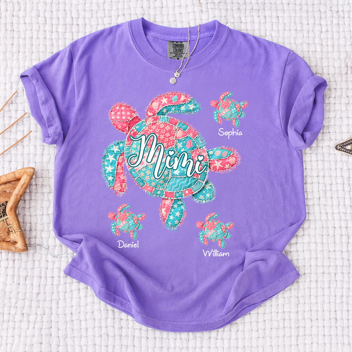 Comfort Colors Mimi Sea Turtle Shirt, Personalized Grandchildren Names T-Shirt, Coastal Grandma Beach Vacation Family Tee