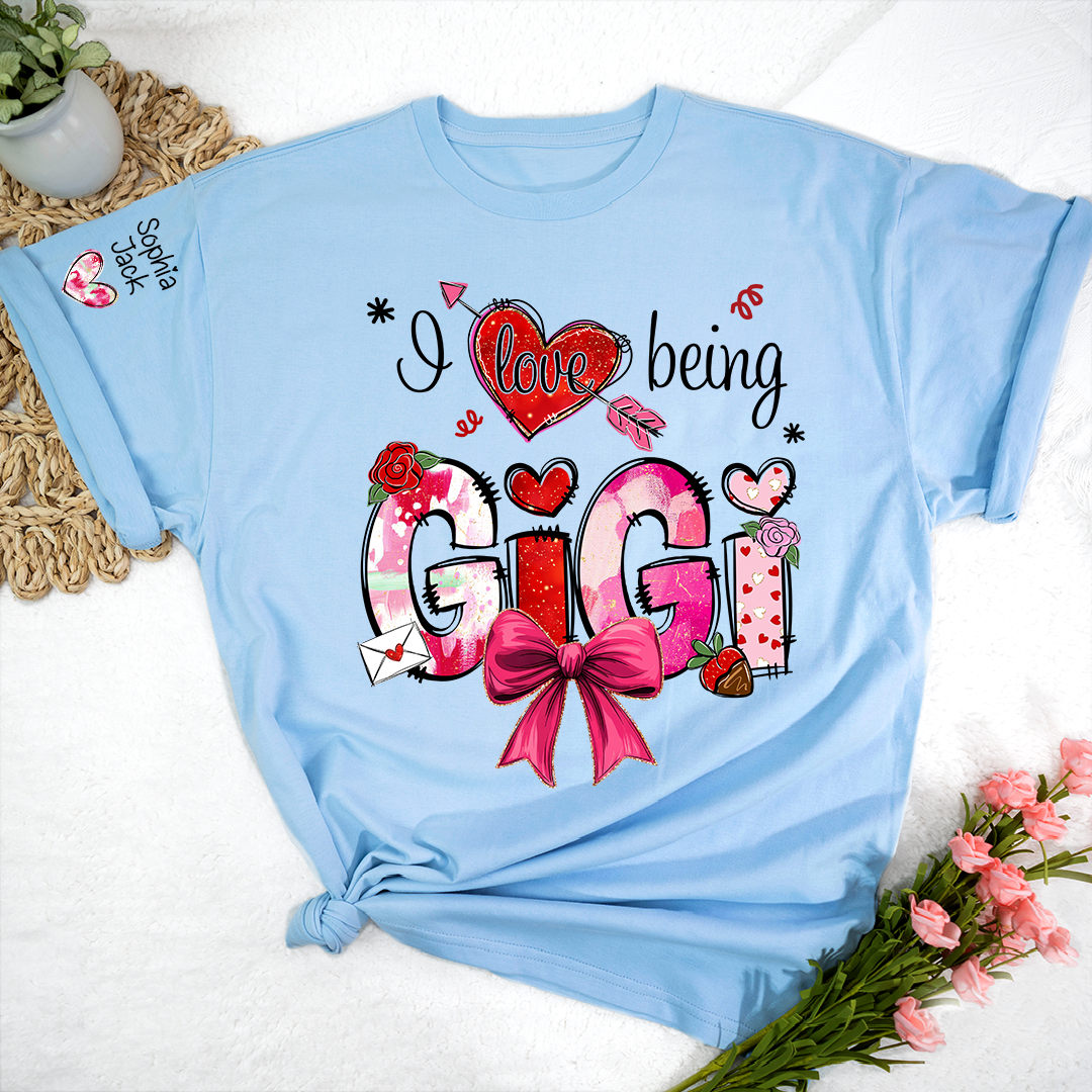 Personalized I Love Being A Nana Valentine's Day T-shirt Cute bows And Strawberries, Gifts for Grandma And Children