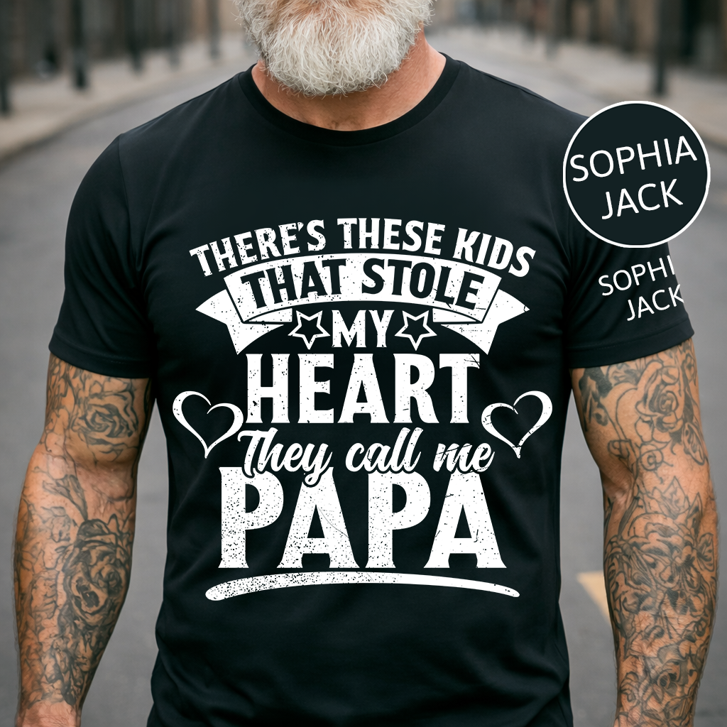 Personalized Papa T-Shirt – “These Kids Stole My Heart” Custom Names Gift for Dad Fathers Day Birthday