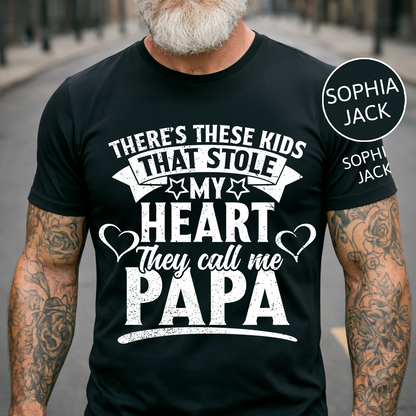 Personalized Papa T-Shirt – “These Kids Stole My Heart” Custom Names Gift for Dad Fathers Day Birthday