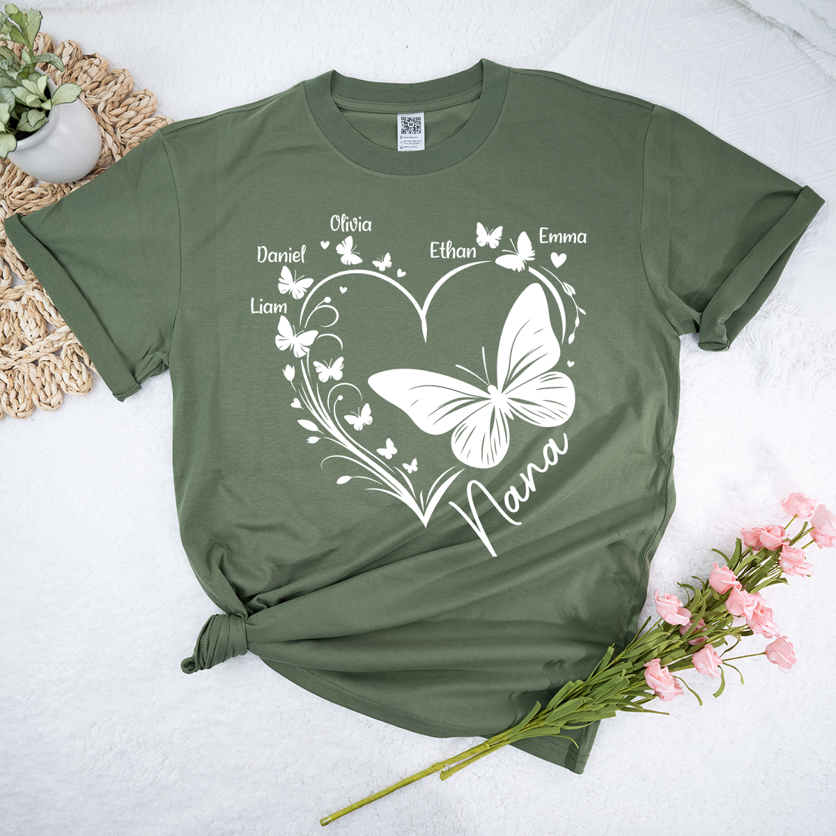 Nana Butterfly Heart Shirt with Kids Names, Personalized Nana Grandma T-Shirt Gift for Her