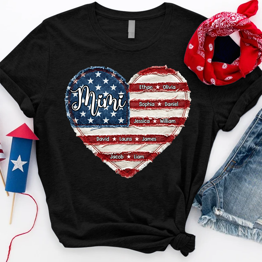 Personalized Mimi Shirt, Custom Family Names T Shirt, American Flag Heart Design, Patriotic Gift for Mimi
