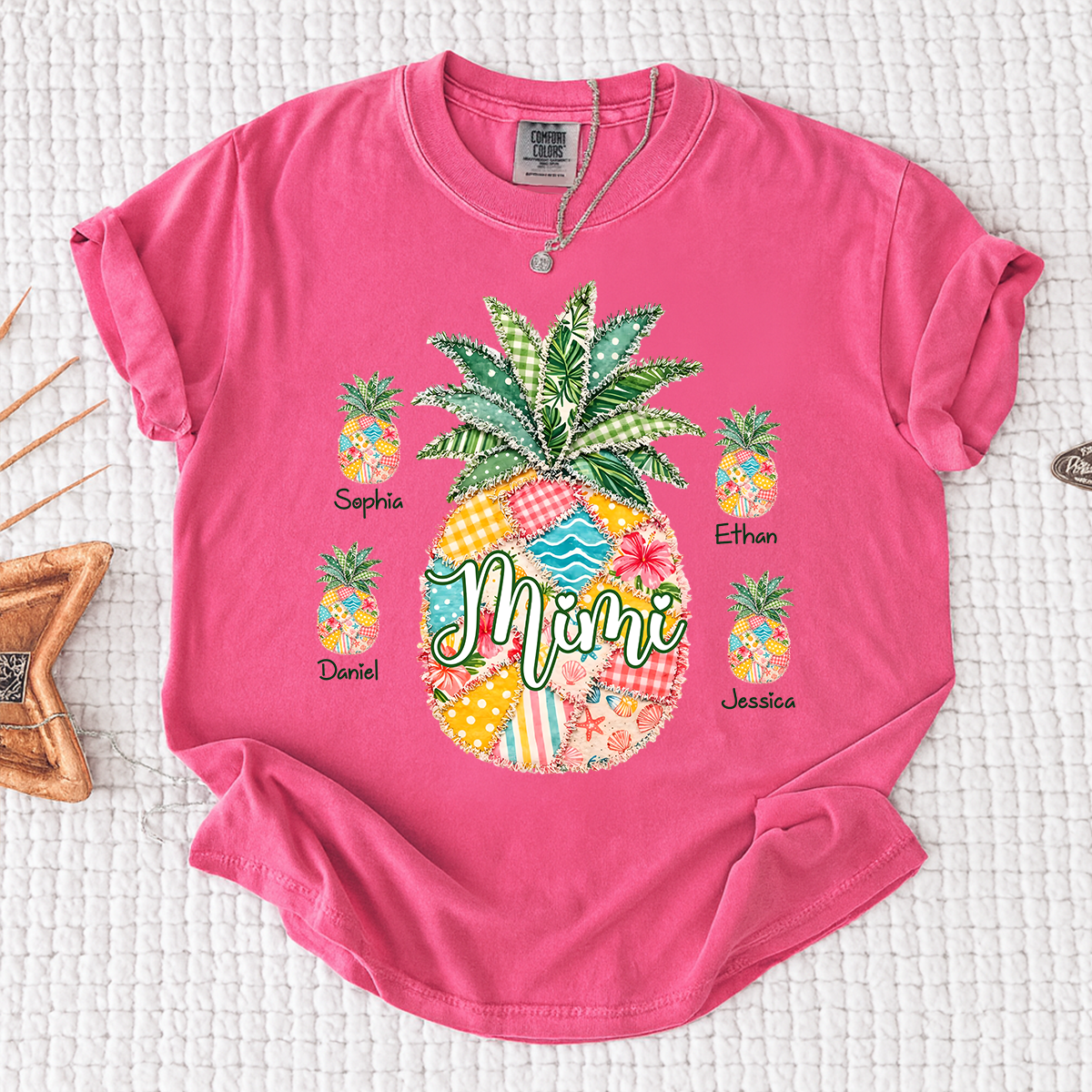 Comfort Colors Personalized Mimi Pineapple Shirt with Grandkids Names, Custom Grandma Tropical T Shirt for Women, Summer Beach Family Gift