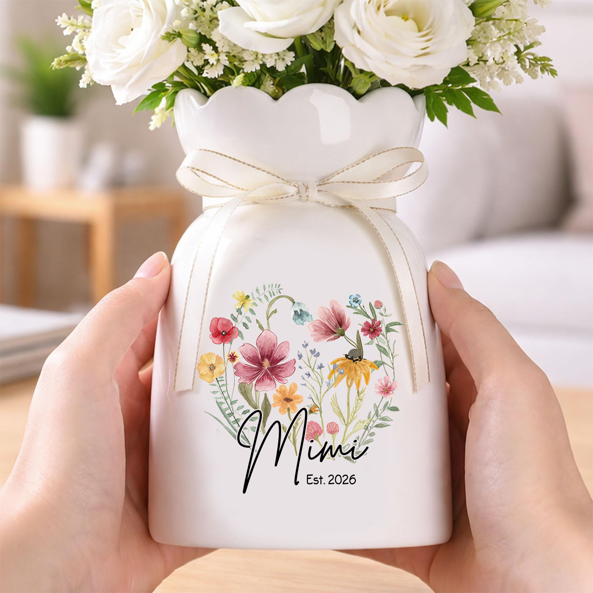 Custom Mimi Flower Vase, Personalized Ceramic Vase with Family Names, Ideal Gift for Nana