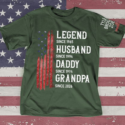 Personalized American Flag Printed T-Shirt For Husband, Father, Grandfather, With Custom Names Of Grandchildren