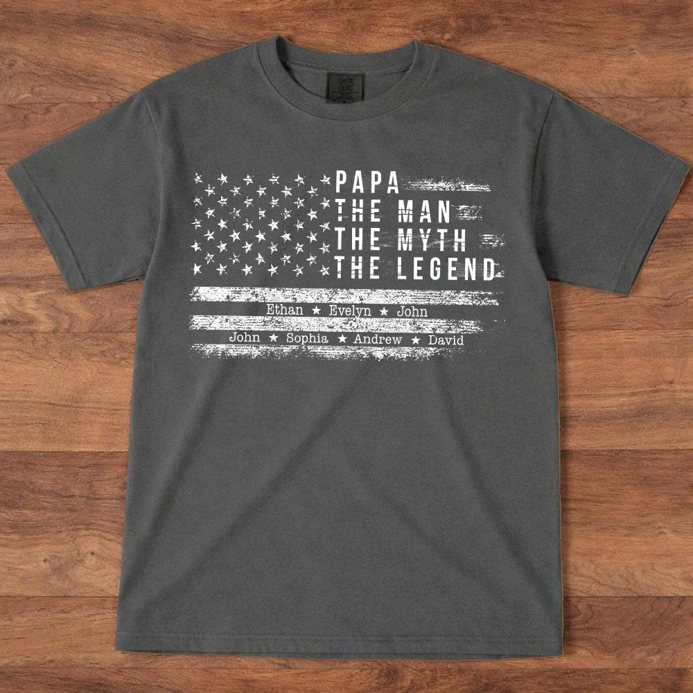 Comfort Colors Personalized Papa The Man The Myth The Legend Shirt – Custom Dad Gift with Kids Names and American Flag Design