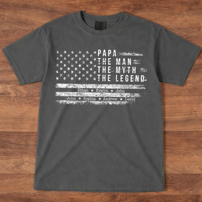 Comfort Colors Personalized Papa The Man The Myth The Legend Shirt – Custom Dad Gift with Kids Names and American Flag Design