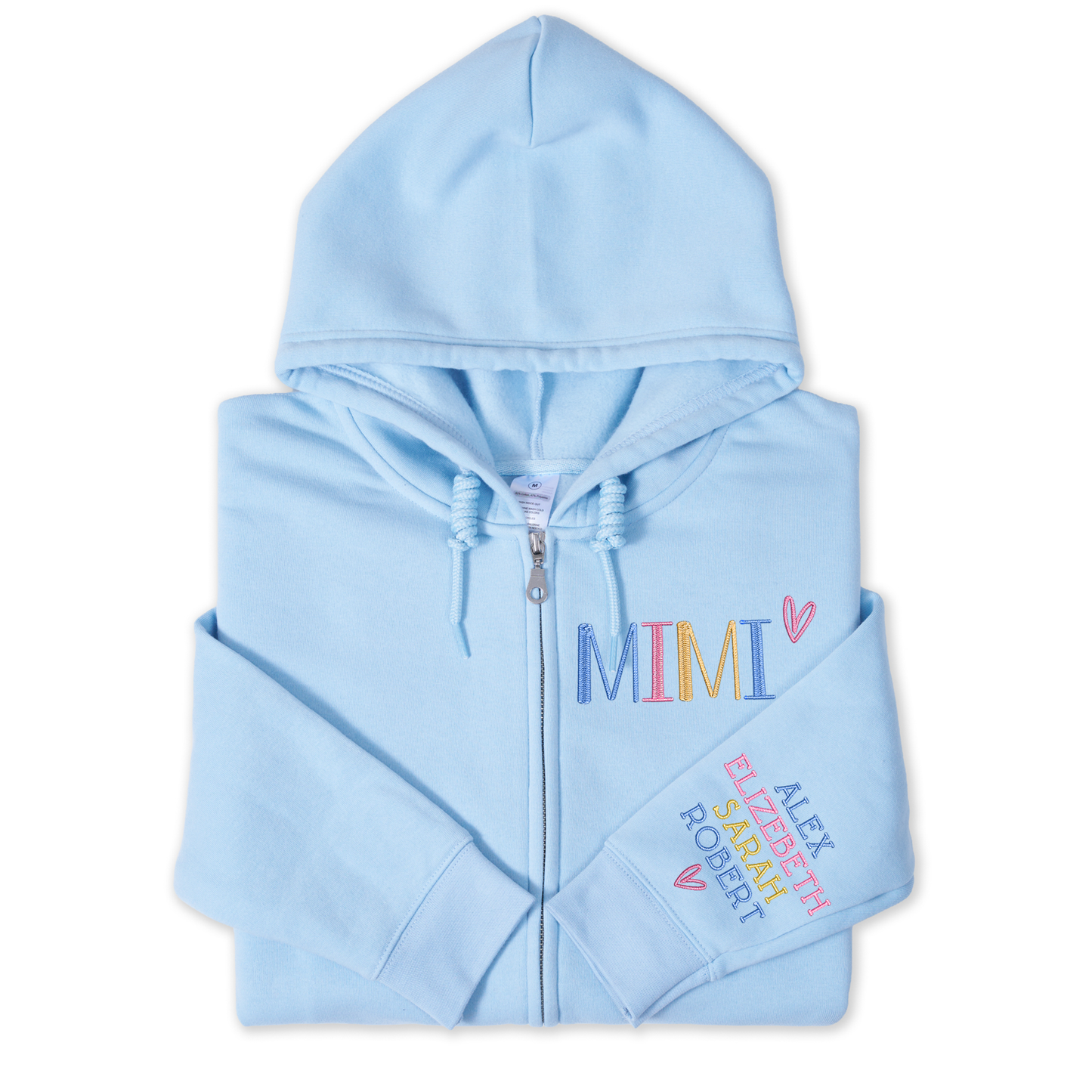 Personalized Embroidered Zip Hoodie for Grandma Mimi, Custom Name & Kids Names Sleeve Stitching, Cozy Full Zip Hooded Sweatshirt Gift for Family