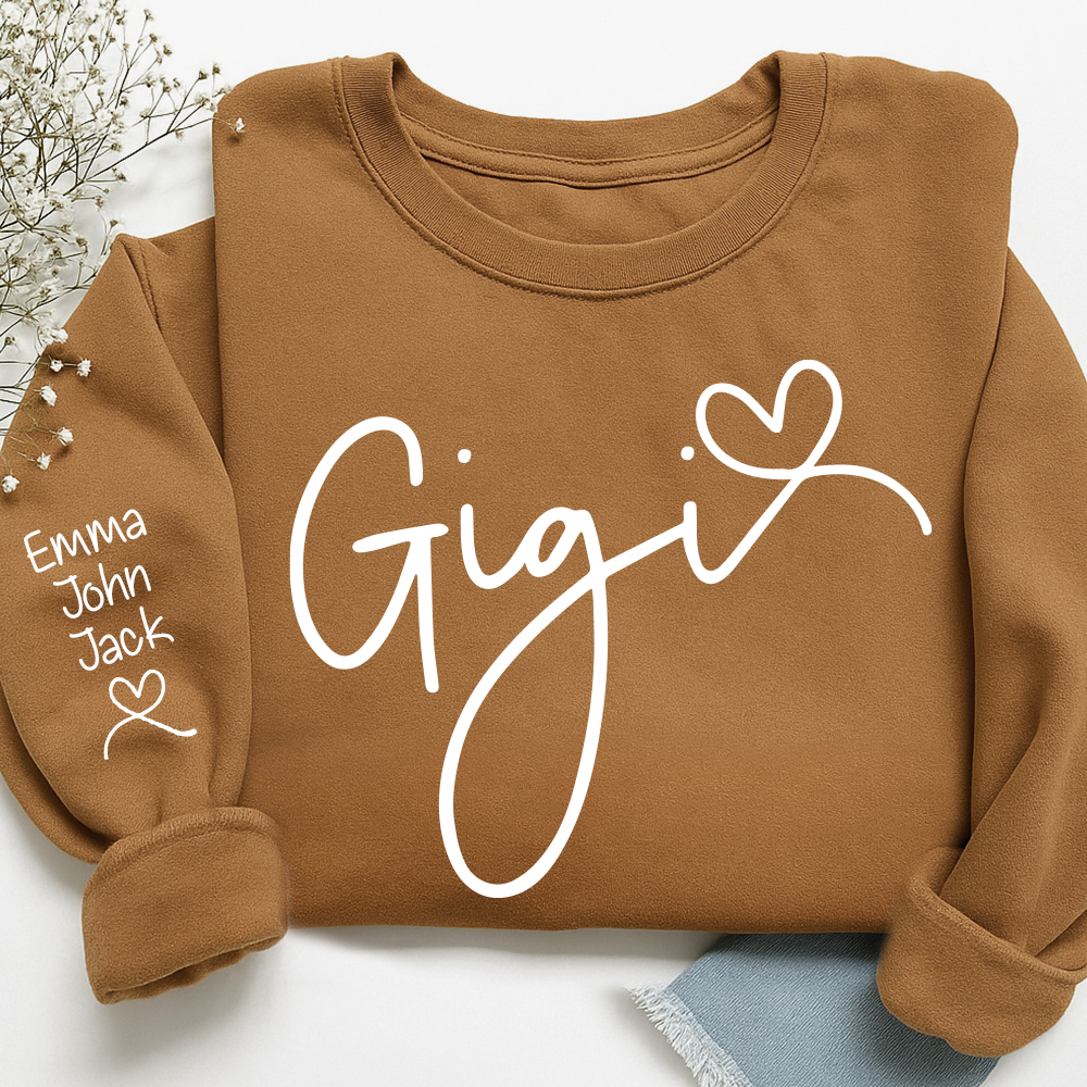 Custom Gigi Sweatshirt, Elegant Script Heart Design Personalized Names