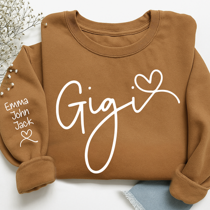 Custom Gigi Sweatshirt, Elegant Script Heart Design Personalized Names