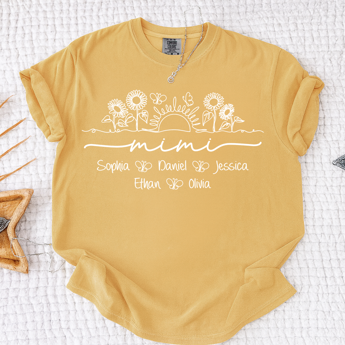 Comfort Colors Custom Mimi T Shirt with Grandchildren Names, Sunflower Garden Graphic Tee, Personalized Family Apparel for Women