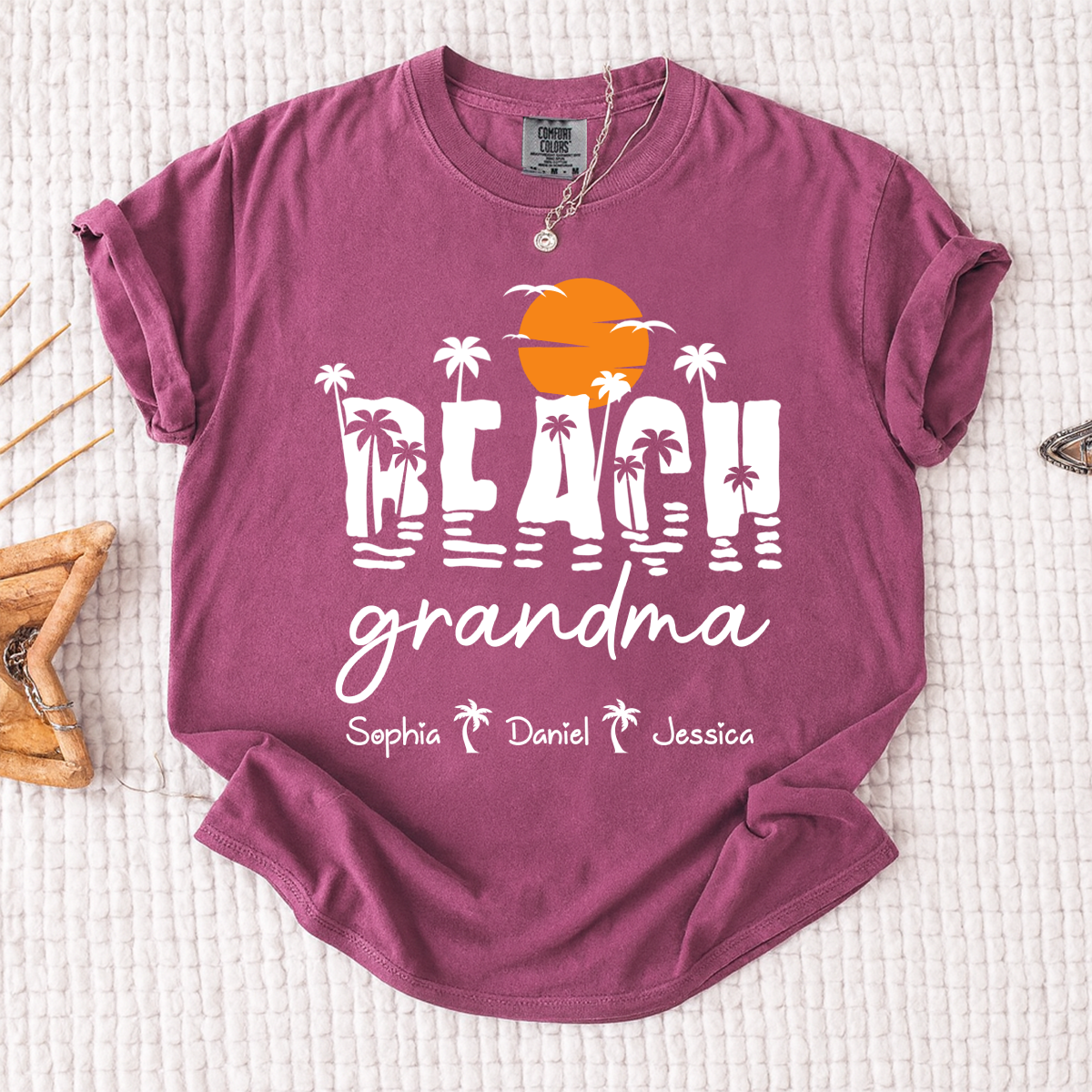 Comfort Colors Personalized Tropical Grandma Shirt – Custom Beach Sunset Palm Tree Tee with Grandchildren Names, Vacation Gift for Her