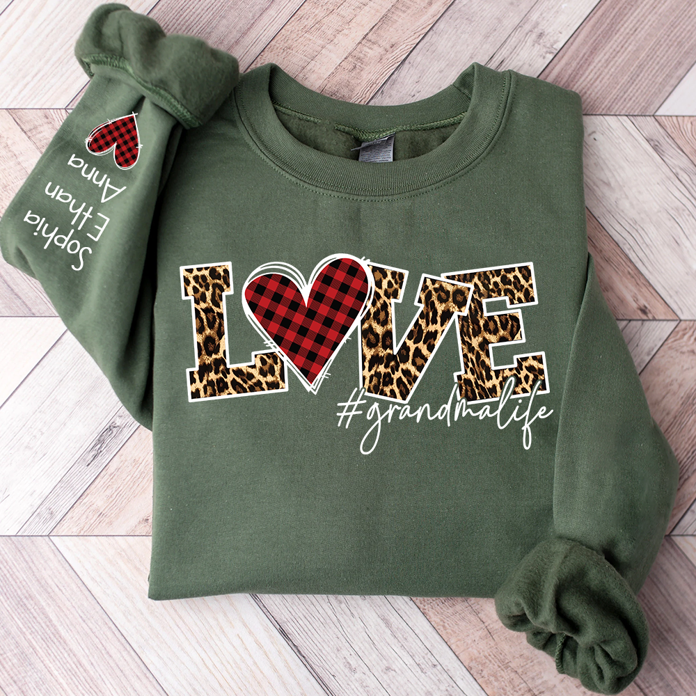 Grandma Sweatshirt Personalized with Names, Love Leopard Print Heart, Cozy Family Crewneck for Grandma