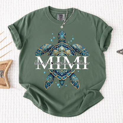 Comfort Colors Mimi Sea Turtle Shirt, Personalized Grandma Shirt with Grandchildren Names, Coastal Summer Gift for Mimi Nana