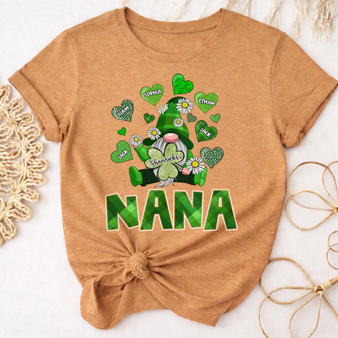 Nana Shamrock Shirt for St Patrick’s Day, Personalized Family Gnome T Shirt, for Grandma and Kids