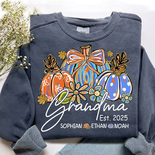 Fall Pumpkin Print Sweatshirt with Pumpkin Brush Pattern, Custom Gifts for Grandma and Grandchild