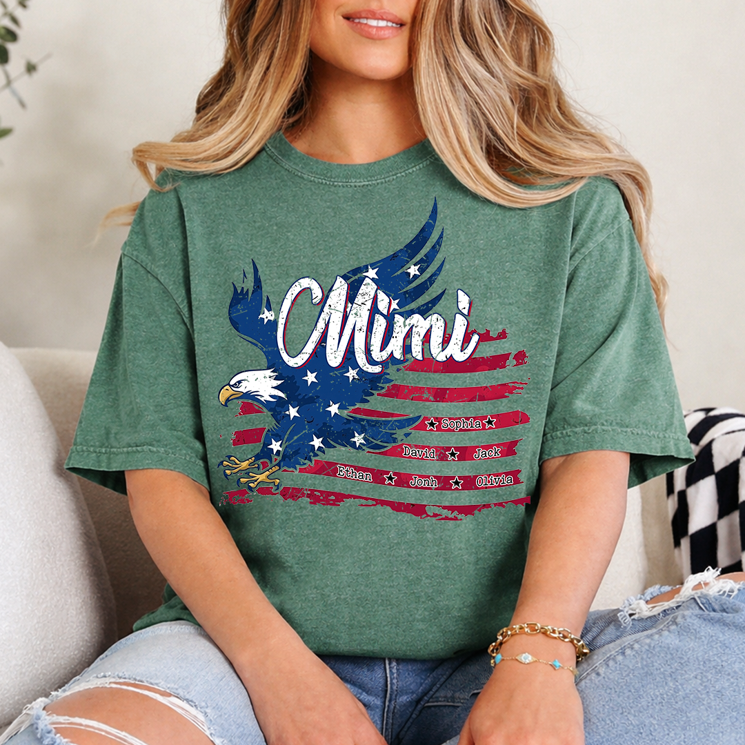 Custom NameEagle T Shirt, Personalized Grandkids Names American Flag Eagle Shirt 4th of July Gift for Grandma