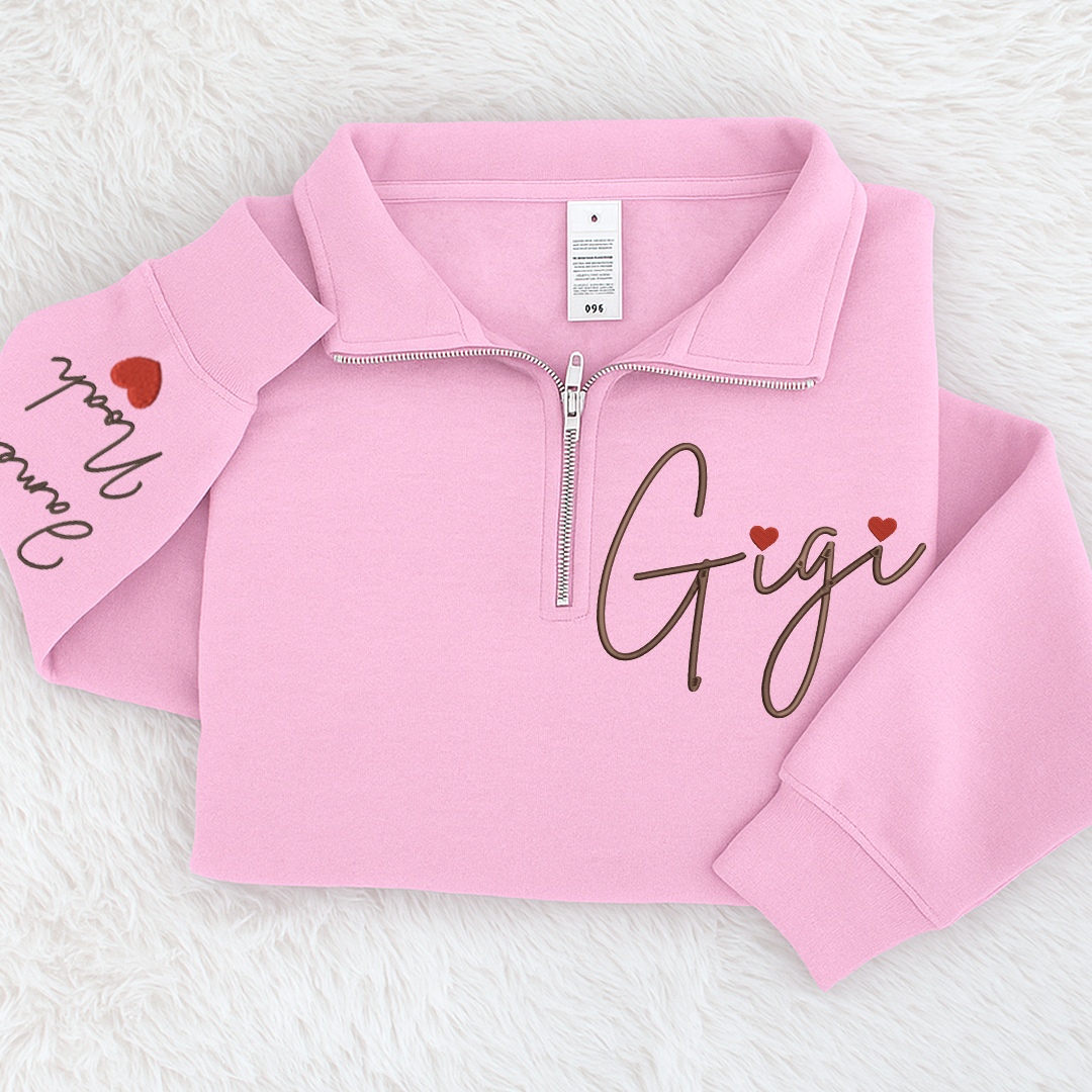 Gigi Heart Embroidered Quarter Zip, Personalized Name Sweater for Grandma