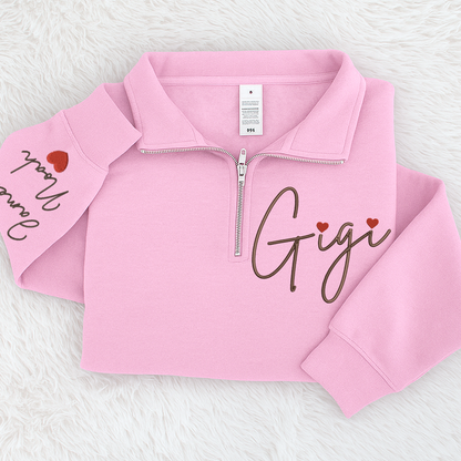Gigi Heart Embroidered Quarter Zip, Personalized Name Sweater for Grandma