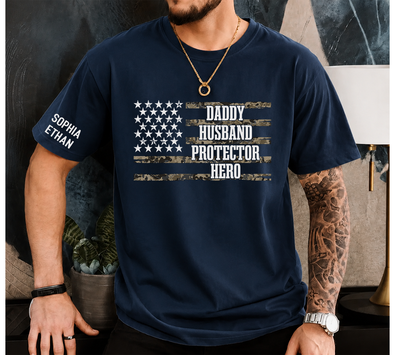 Custom Daddy Husband Protector Hero Shirt, Personalized Dad Shirt with Kids Names, Camo USA Flag Father’s Day Gift