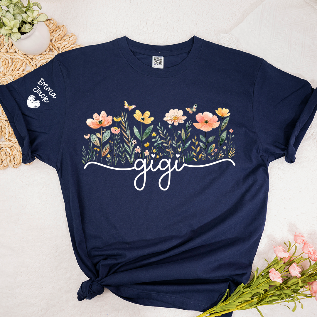 Gigi Floral Shirt, Personalized Grandma Tee with Family Names, Flower Garden Graphic T Shirt, Gift for Gigi from Grandchildren