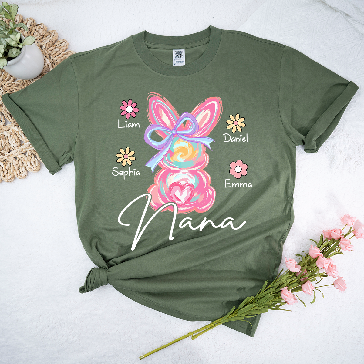 Custom Grandma T Shirt Bunny Design, Personalized Floral Shirt With Children Names