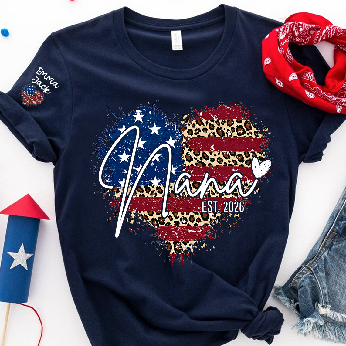 Custom American Flag Heart Nana T-shirt, Grandma Shirt with Kids, Mother's Day Gift for Grandma