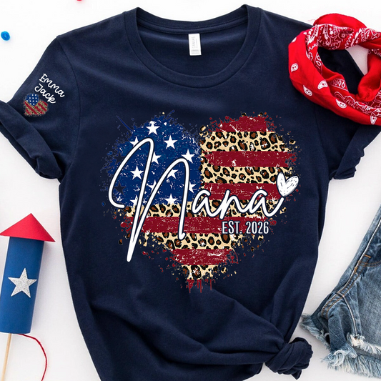 Custom American Flag Heart Nana T-shirt, Grandma Shirt with Kids, Mother's Day Gift for Grandma