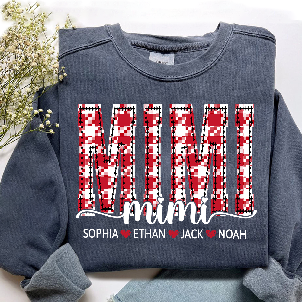 Custom Mimi Sweatshirt, Plaid Christmas Grandma Shirt with Kids Names