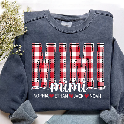 Custom Mimi Sweatshirt, Plaid Christmas Grandma Shirt with Kids Names