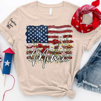 Personalized Mimi Shirt with American Flag Floral Design, Custom Grandma Name Tee, Family Gift Shirt
