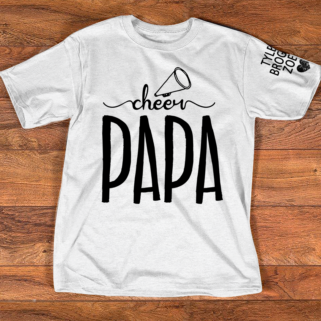 Custom Cheer Papa Tee, Personalized Dad's Cheer T-Shirt with Kid's Names