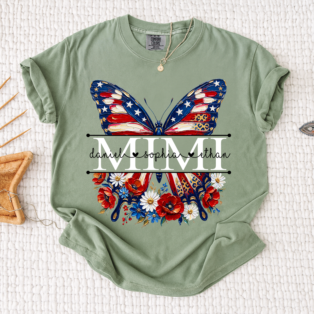 Comfort Custom Mimi T Shirt with Grandkids Names, American Flag Butterfly Family Tee