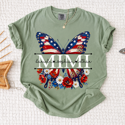 Comfort Custom Mimi T Shirt with Grandkids Names, American Flag Butterfly Family Tee