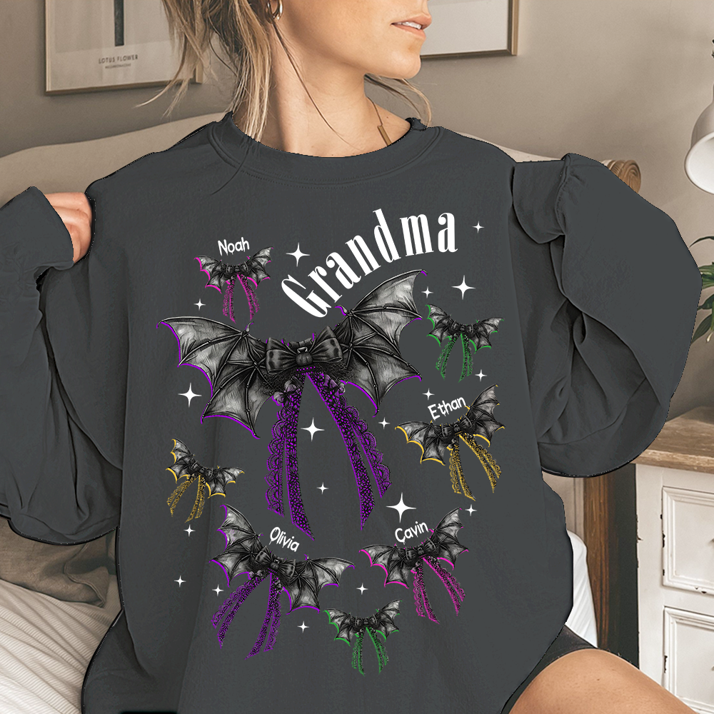 Grandma Halloween Sweatshirt, Personalized Family Spooky Bow for Grandma And Kids