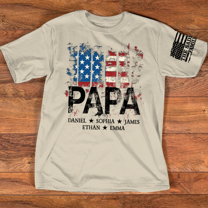 Personalized Papa Shirt for 4th of July – American Flag Custom Dad Gift with Family Name and Kids Names