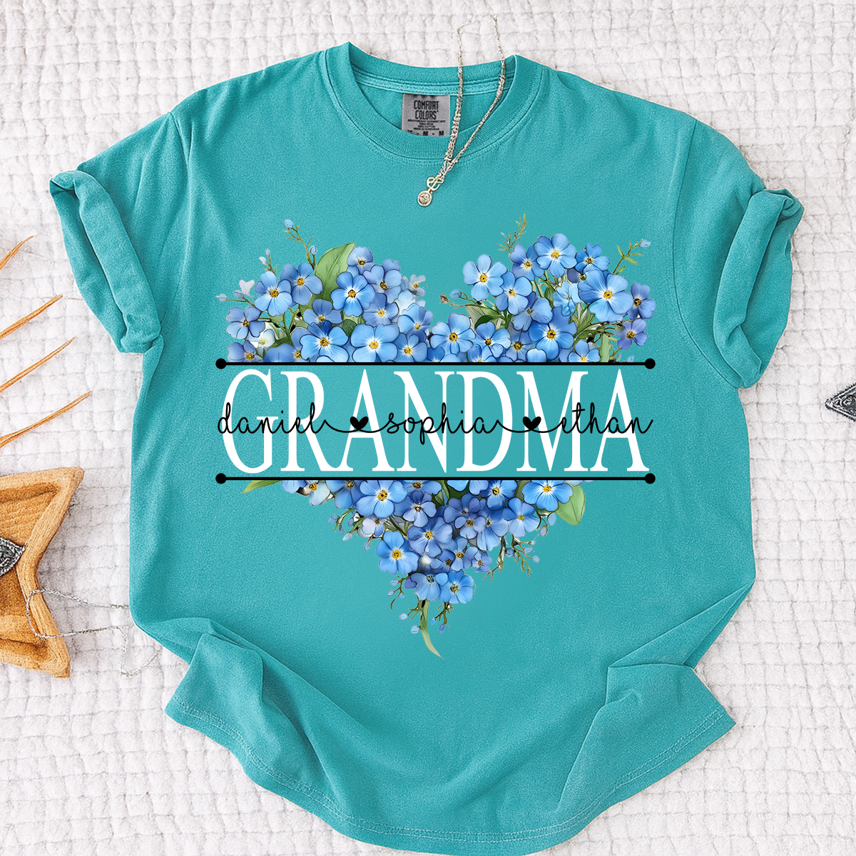 Comfort Mimi Blue Floral Shirt with Custom Grandchildren Names, Heart Family Tee