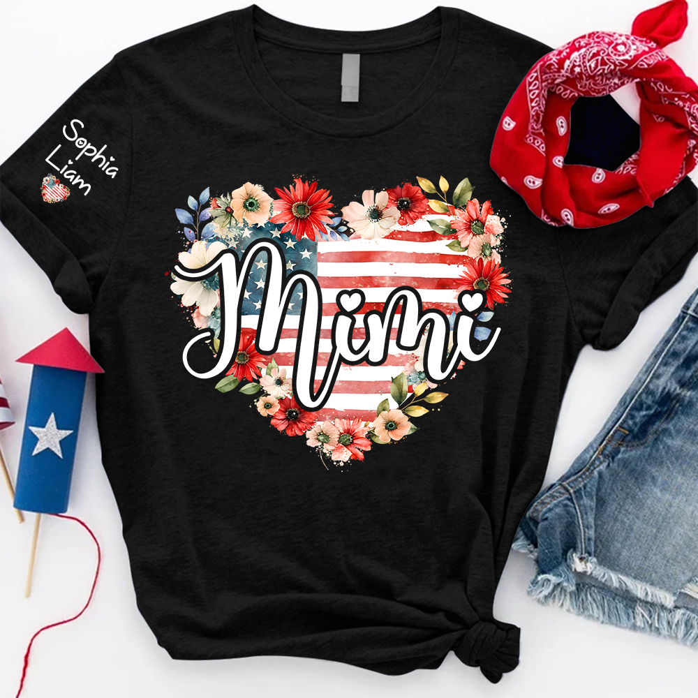 Mimi Patriotic Floral T Shirt, Custom Heart Design with American Flag, Personalized Gift for Grandma, Perfect for Mother’s Day