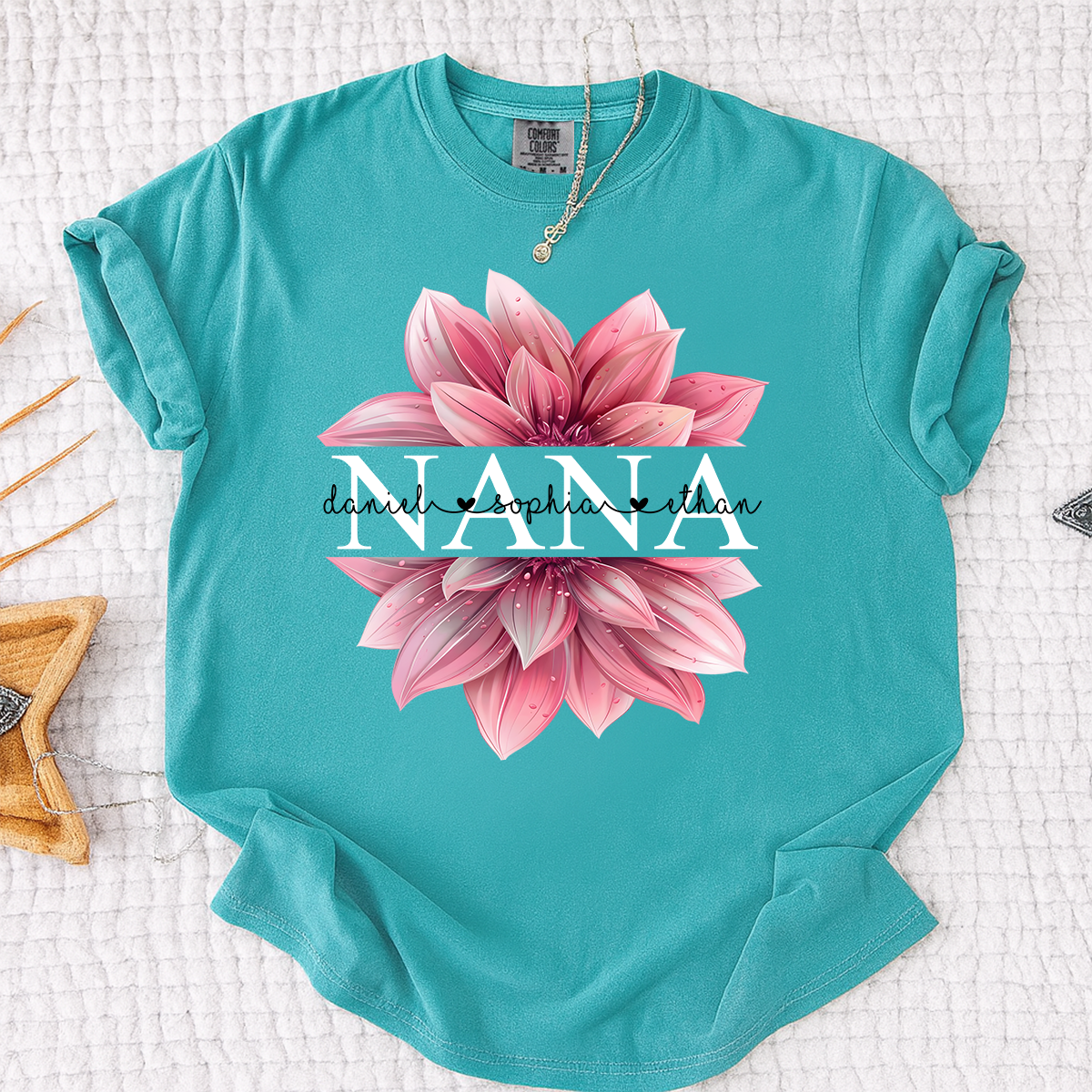 Comfort Colors Personalized Nana Shirt with Pink Lotus Flower Design, Custom Gift for Grandma with Grandkids Names