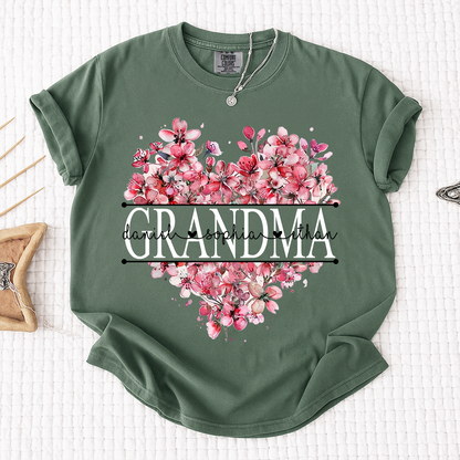 Comfort Colors Floral Heart Grandma Shirt, Custom Family Names and Heart Floral Design T Shirt