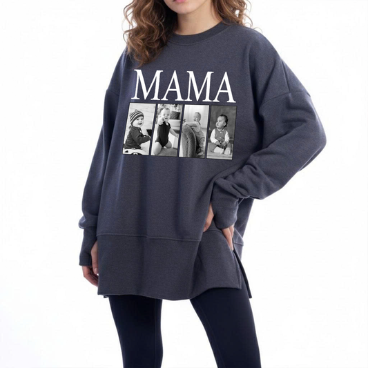 Custom MAMA Photo Sweatshirt – Personalized Oversized Pullover with Kids Pictures, Cozy Thumbhole Long Sleeve for Women