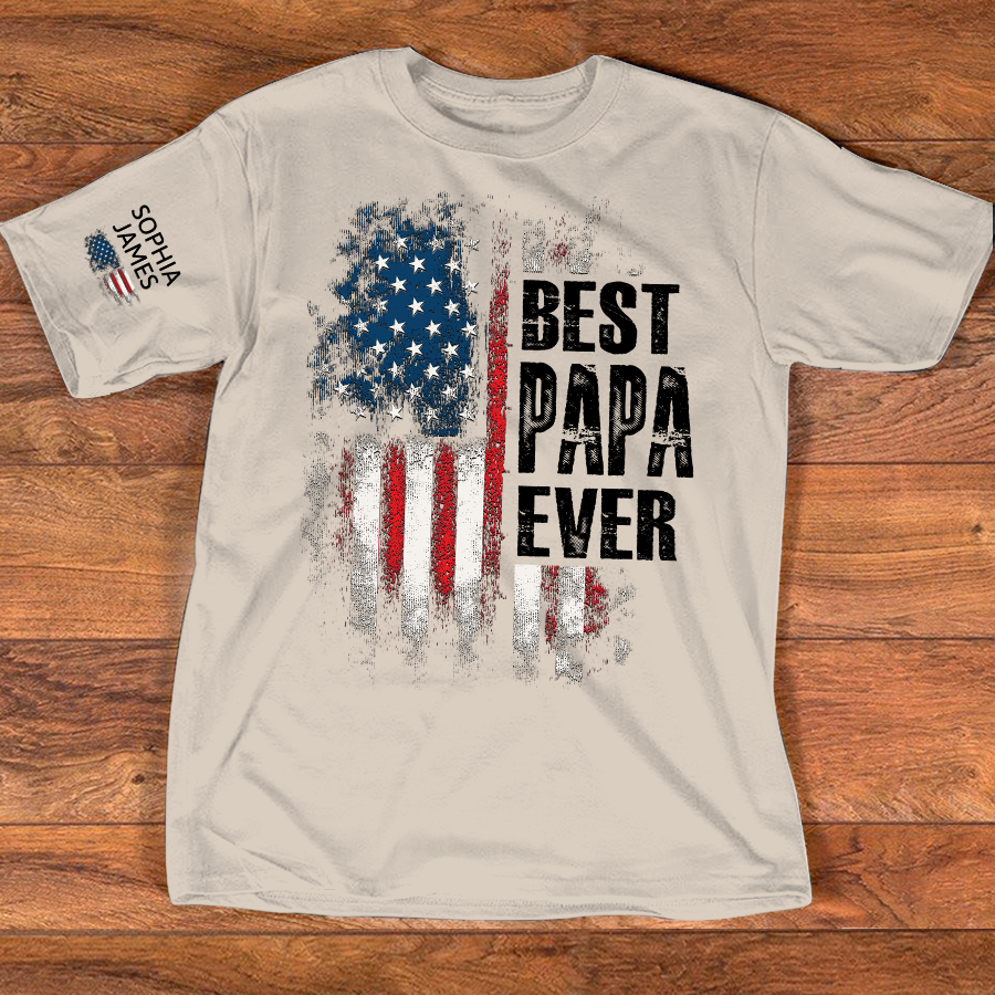Best Papa Ever Shirt, Personalized Name Papa Tee, American Flag Design, Gift for Dad Grandpa from Kids, Custom Family Shirt
