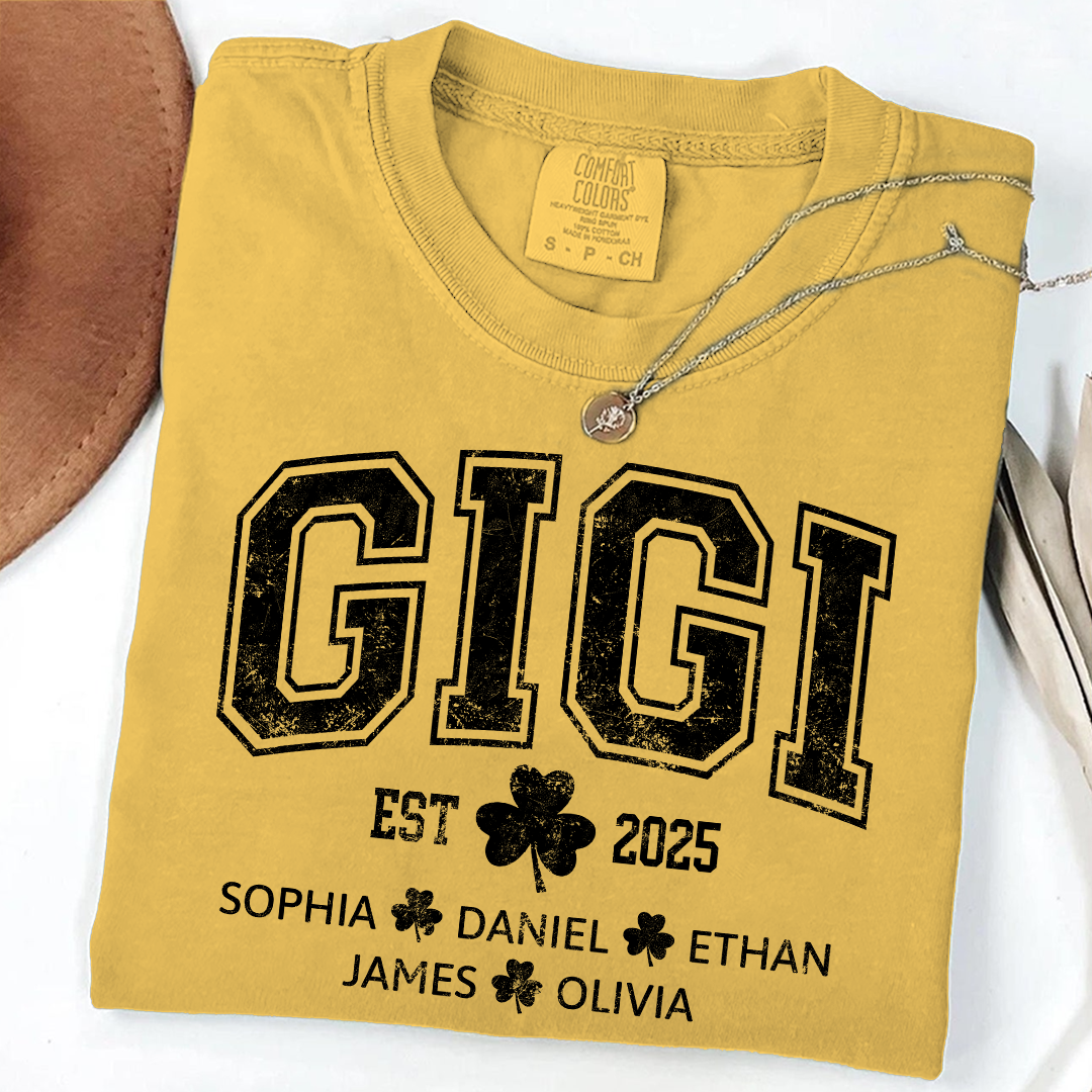 Comfort Colors St Patrick’s Day Gigi Shirt Est 2025, Custom Grandma T Shirt with Kids Names Shamrock Design