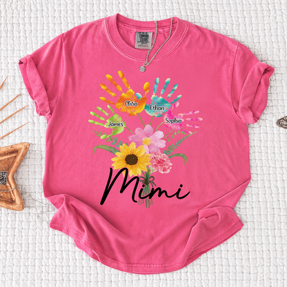 Custom Mimi Shirt, Personalized Handprints and Flowers with Family Names, Idea Gift for Mimi