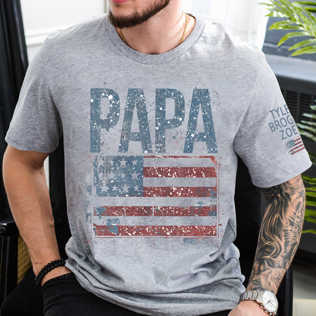 Custom American Flag Papa T-Shirt, Patriotic Papa Gift American Flag Tee