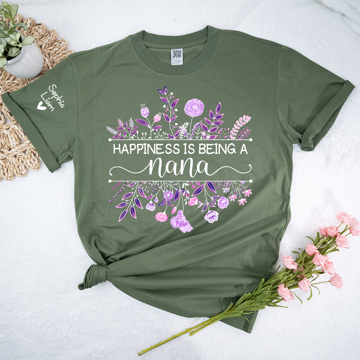 Happiness Is Being a Nana Shirt, Purple Floral Grandma Tee, Custom Nana Gift from Grandkids, Family Name Sleeve Shirt, Cute Grandma Outfit