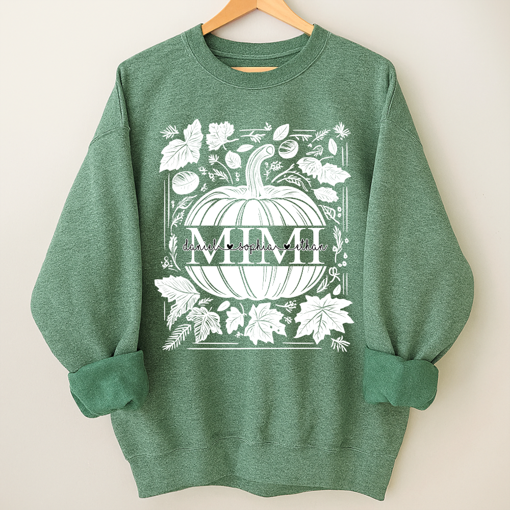Custom Mimi Autumn Sweatshirt, Pumpkin and Leaf Design with Grandkids Names, Personalized Grandma Fall Apparel