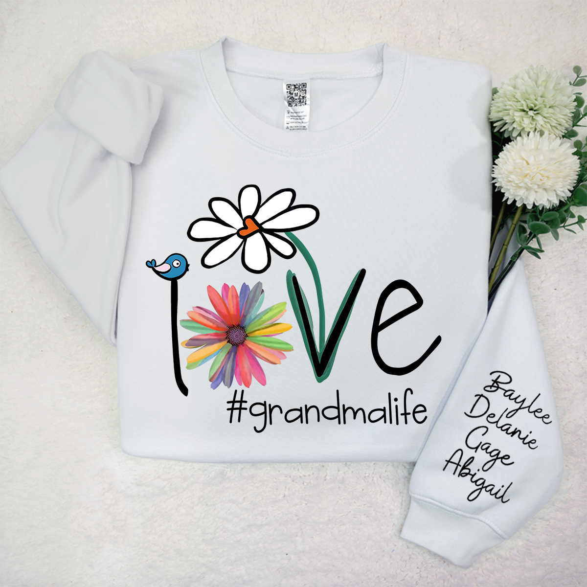 Flower Love Grandma Life Sweatshirt, Custom Nickname And Grandkids Xmas Sweatshirt