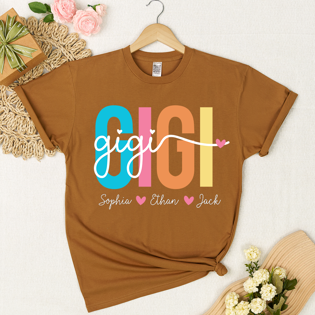Personalized Gigi Shirt with Grandkids Names, Colorful GIGI Graphic Tee, Custom Grandma T Shirt, Family Gift for Gigi from Grandchildren